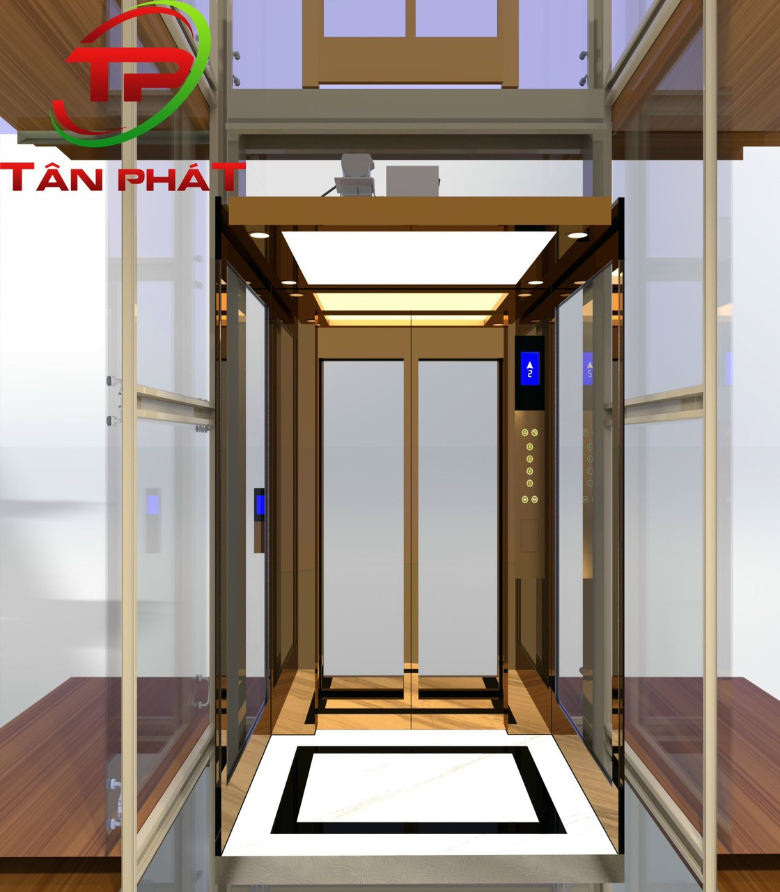 Kết cấu hố thang: khung thép sơn tĩnh điện + vách kính cường lực